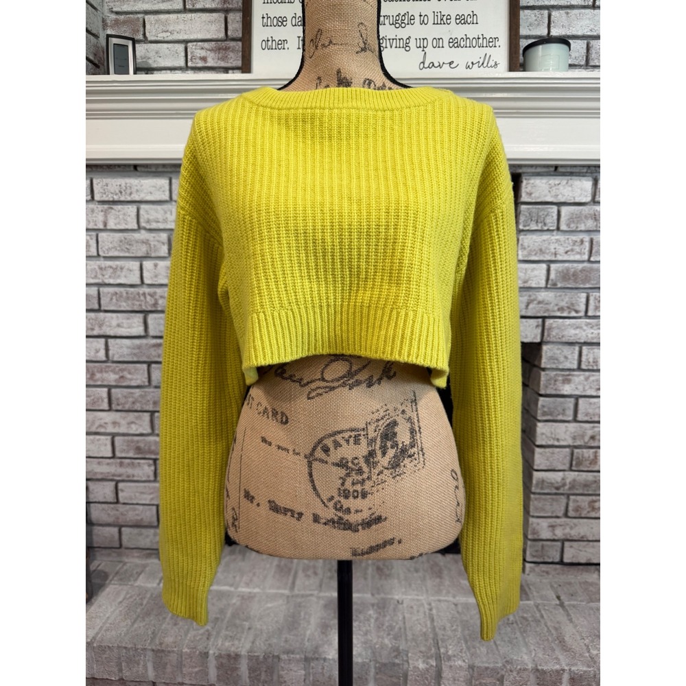 RE/DONE‎ Cropped Sweater Womens M Lime Green Wool Ribbed Knit Boat Neck Designer